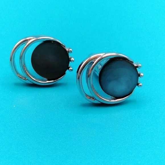 Vintage 1960s Atomic Swank Cufflinks Silvertone Smokey Mother of Pearl - Picture 1 of 5